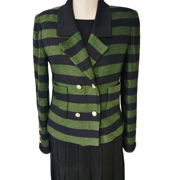 EUC CHANEL 3 Piece Co-Ord Set Green & Black Striped Blazer, Pleated Skirt & Top - Picture 2 of 14